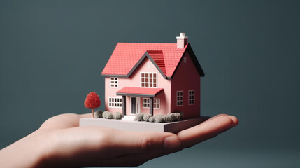 A person, possibly a real estate agent, holds a miniature house in their hand, symbolizing the buying, selling, and renting of real estate Hand Holding a 3d Miniature House Real Estate in Blank Backgr