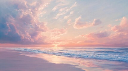 Fototapeta premium 2408 106.A breathtaking sunrise over a tranquil beach with soft pastel tones of pink, lavender, and light blue, reminiscent of cotton candy. The clouds are delicate and wispy, reflecting the soft