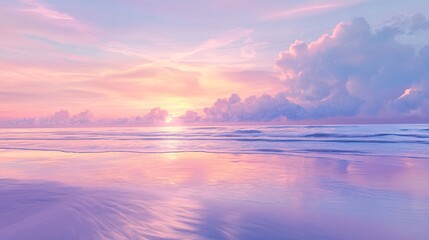 2408 106.A breathtaking sunrise over a tranquil beach with soft pastel tones of pink, lavender, and light blue, reminiscent of cotton candy. The clouds are delicate and wispy, reflecting the soft