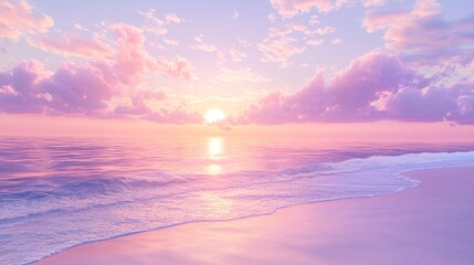 2408 107.A serene morning beach scene with a cotton candy sunrise, where the sky is filled with fluffy pink and lavender clouds. The sun rises gently above the horizon, casting a soft glow over the