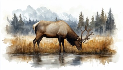 A serene elk grazing near a reflective water body, set against a mountainous backdrop.