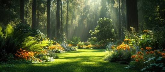 Obraz premium A lush green forest clearing with dappled sunlight illuminating the ground and flowers.