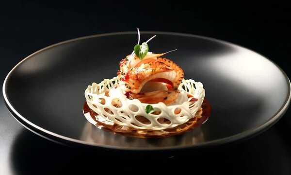 shimp and sauce in dish on black background