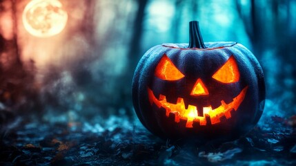 Obraz premium Close-up of a jack-o'-lantern with a menacing face, illuminated from within, against a blurred Halloween background of the forest and an autumn-colored full moon.