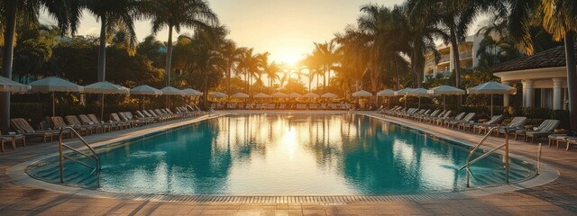 Tranquil swimming pool in a resort with palm trees and lounge chairs at sunset.