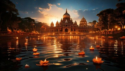 Fototapeta premium Burning candles in water for Diwali holiday, with beautiful temples