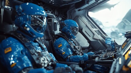 Obraz premium Futuristic soldiers dressed in sleek blue spacesuits, inside a spaceship preparing for a rescue mission, with high-tech details and a sense of urgency, rendered in a 20k realistic style.