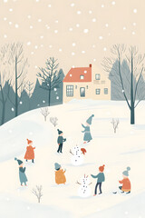 冬の庭で雪だるまを作る子供たちのかわいいイラスト