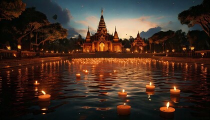 Fototapeta premium Burning candles in water for Diwali holiday, with beautiful temples