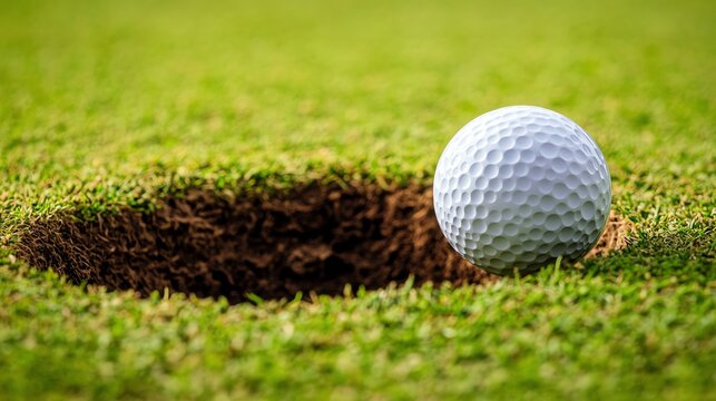 A close-up view of a golf ball about to roll into a hole on a well-maintained green, capturing the essence of the sport.