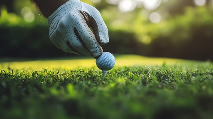 A golfer placing a ball on the grass, ready for the perfect tee shot in a serene golf course setting.