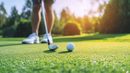 A golfer preparing to swing at sunrise, with a golf ball on lush green grass, representing sport, leisure, and outdoor activity.