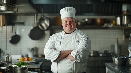 Mid-40s white man, slightly overweight, dressed in a chef's uniform, standing confidently in the center of a kitchen, real-life environment with cookware on display.