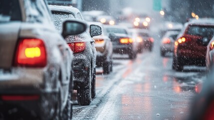 Sleet and freezing rain creating a slick, icy layer on roads and vehicles, causing traffic hazards in winter weather