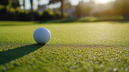Close-up of a golf ball on a lush green putting green, illuminated by warm sunlight, creating a tranquil sports atmosphere.
