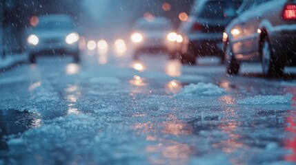 Sleet covering cars and roads in a thin layer of ice, causing slippery conditions as freezing rain continues to fall