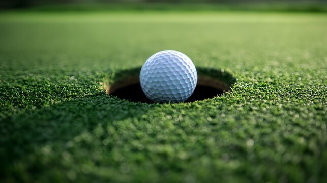 Close-up of a golf ball resting on the edge of a hole on a lush green putting green, symbolizing precision and skill in golf.