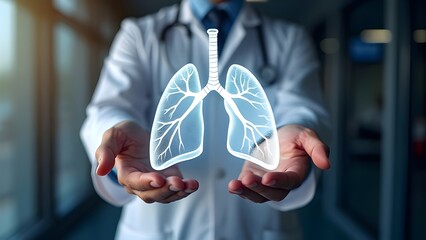 Doctor holding a hologram image of a lung modern medical technology pulmonology respiratory physician