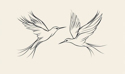 Obraz premium Two hummingbirds in flight, outlined in black.