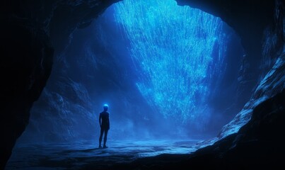 Fototapeta premium Silhouetted figure gazing at blue lights in cave.