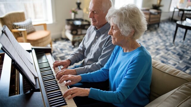 Elderly Couple Enjoying a Peaceful Moment Together Playing a Grand Piano in a Cozy Intimate Setting
