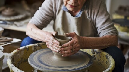 Elderly man shaping clay on pottery wheel in creative ceramic studio focusing on the process of handcrafting pottery with skill and