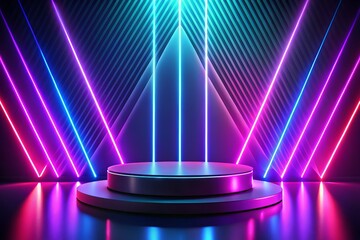 Neon Laser Podium Display for Product Showcase in Silhouette Photography Style with Futuristic Background and Vibrant Colors for Marketing and Advertising Purposes