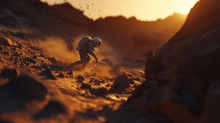 An astronaut walks on a dusty red planet with a sunset in the background.