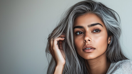 Indian Woman with Grey Streaks Showing Thoughtfulness While Touching Hair.