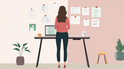 Fototapeta premium A woman standing at a small desk, her laptop open, with notes pinned on the wall and a cup of tea, showing her dedicated workspace.