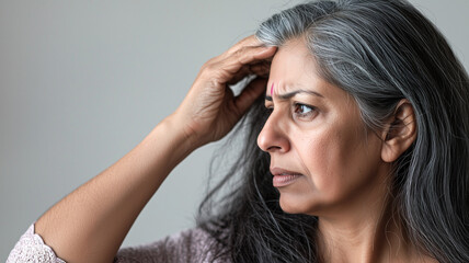 Fototapeta premium Indian Woman with Greying Hair Gently Touching Her Hairline.