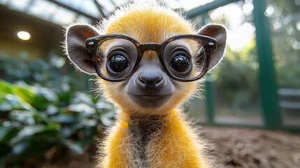 A young meerkat wearing glasses poses playfully in a lush enclosure during the afternoon light at a wildlife park