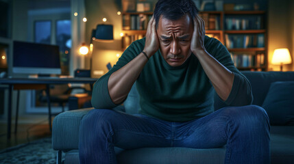 Fototapeta premium Young Man Facing the Mental Strain of Stress and Anxiety in Everyday Life