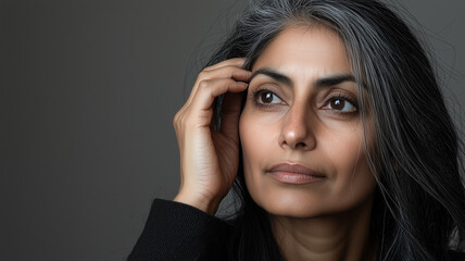 Fototapeta premium Indian Woman with Streaks of Grey Touching Her Hairline Thoughtfully.