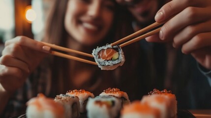 A young couple eating sushi at a modern Japanese restaurant, chopsticks delicately picking up a piece, with soft lighting and stylish decor in the background.
