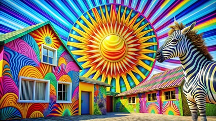 Psychedelic Abstract Architecture with Groovy Colors and Cheerful Sun