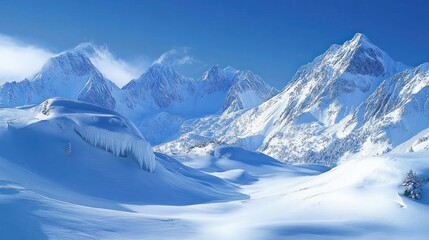 Obraz premium Snow-covered mountains glistening under a clear sky, with snowdrifts and icy cliffs creating a dramatic winter landscape