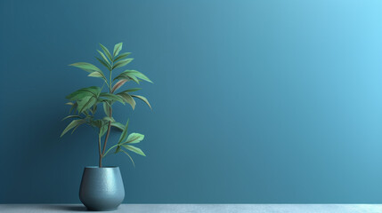 Fototapeta premium A green plant in a white pot on a table, suitable for home decor Plant against a blue wall background with copy space 