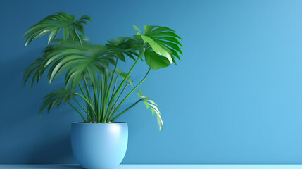Obraz premium Modern Tropical Plant in a White Pot Against a Vibrant Teal Wall background House Plants in White Pots on Blue Background: Bohemian Style Tropical Plant in Ceramic Pot. Plain Isolated on White Back 