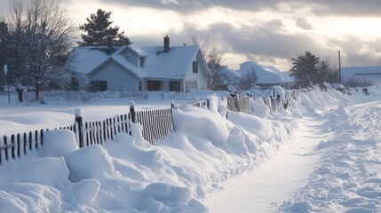 Snowdrifts piling up against fences and houses after a windstorm, with deep snow creating obstacles for movement