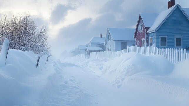 Snowdrifts piling up against fences and houses after a windstorm, with deep snow creating obstacles for movement