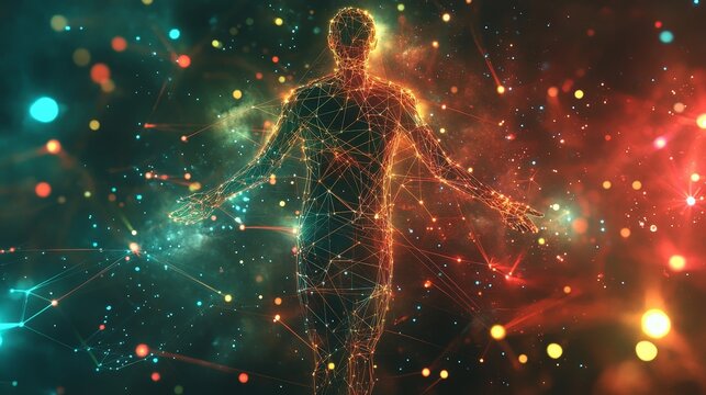 An abstract visual of a human figure surrounded by data points, representing AI personalization in the form of glowing nodes connected to different interests.