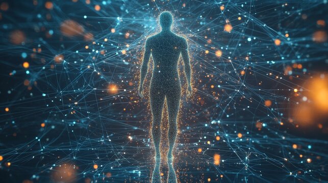 An abstract visual of a human figure surrounded by data points, representing AI personalization in the form of glowing nodes connected to different interests.