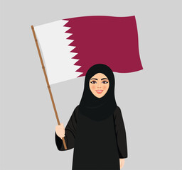 Arabic girl from Qatar holding the flag of Qatar