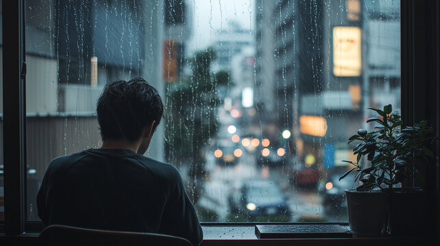 Japanese Man Watching Rainfall from Window with Contemplative Look. - Powered by Adobe