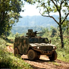 Fototapeta premium A military vehicle navigating through a forested terrain under bright sunlight, showcasing rugged design and capability.