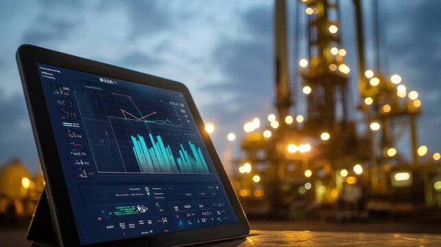 Tablet-assisted oil and gas drilling operations, with a dashboard displaying key metrics such as rig performance and well depth