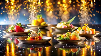 Fototapeta premium Abstract Glittering Background with Delicious Food Photography, Colorful Dishes, Creative Presentation, Vibrant Ingredients, Elegant Table Settings, Gourmet Style, Culinary Art, Food Styling