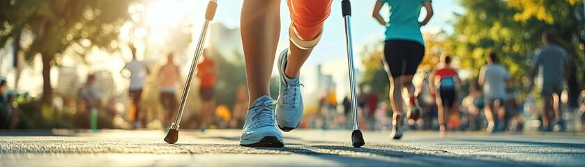 A person using crutches while participating in a community fun run, showing inclusion in sports