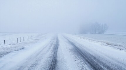 Thick winter fog combining with snow flurries to create near-zero visibility on a country road